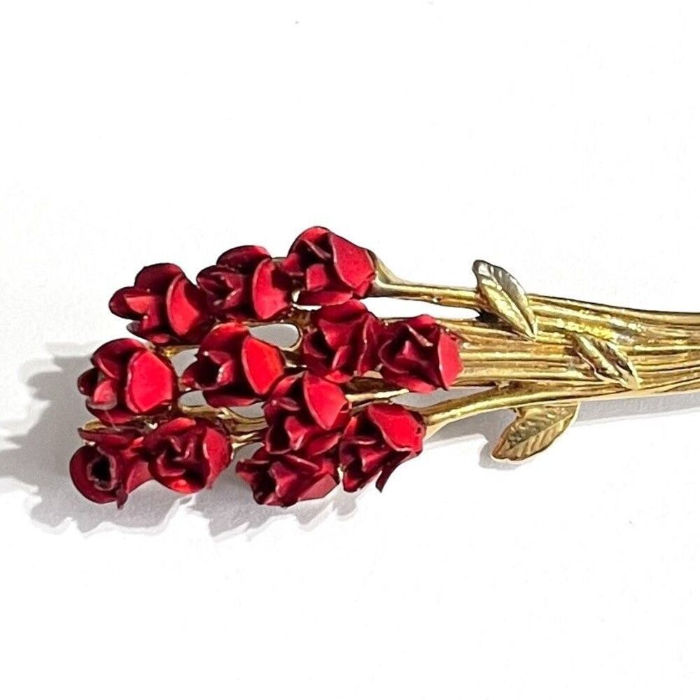 David Monn Red Roses Brooch Pin Bouquet 3D Flower Gold Tone Vintage 90s DM